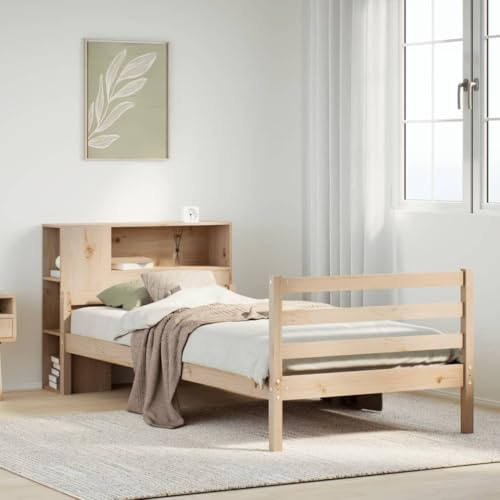 Kaloriko Massivholzbett Kiefer unbehandelt 90x200 cm, Bettrahmen mit Regal-Kopfteil, Lattenrost, Stauraum, platzsparendes Möbel für Schlafzimmer