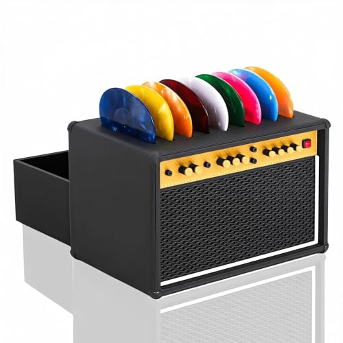 Gitarrenpick-Halterbox, Gitarrenpick-Vitrine im Amp-Lautsprecher-Design mit 5 Zelluloid-Gitarrenpicks, Gitarrenzubehör-Geschenk für Gitarristen und Musikliebhaber