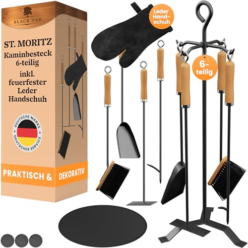 BLACK OAK Kaminbesteck ST. MORITZ 6-teilig - Lederhandschuh Ofenbesteck Set | wohnliches & dekoratives mit Holzgriff 6 teilig Ständer + Aschekratzer Schürhaken Ascheschaufel Kaminbesen & Feuerschutzmatte