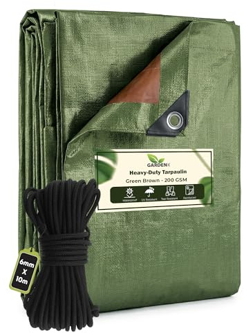 GARDENIX 5m x 6m Green Brown Heavy Duty 200gsm -eyelets every 50 cmTarpaulin Waterproof Tarp Sheet Cover, Groundsheet, Multipurpose, Reinforced + 10 Metres of 6mm Bungee Rope