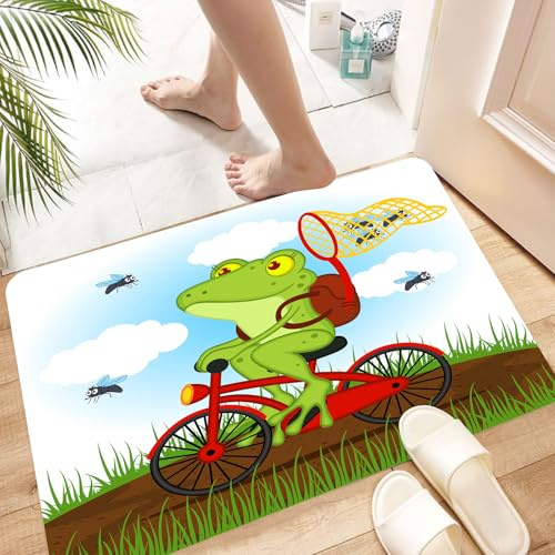 HYOSXW Alfombra de Baño Antideslizante 40x60 cm,Rana Divertida en una Bicicleta cazando aleteando en la Naturaleza,Microfibra Súper Absorbente y Suave, Alfombrilla Lavable y Ducha o Bañera