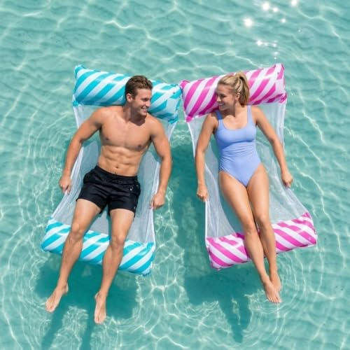 Set om 2 uppblåsbar poolhängmatta för vuxna, 4-i-1 vattenhängmatta pool float, bekväm PVC pool float, flytande lounge luftmadrass för pool, strand och semester