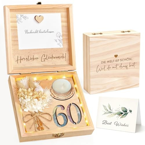 inyeskon Geldgeschenke Geburtstag 60, Kreatives Geld Geschenk aus Holz Verpackung Geschenkbox mit Trockenblumen, Holzliebe Magnet und Grußkarte für Geburtstag Frau Mann