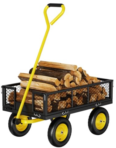 Chariot de Jardin 350 kg, Chariot de Transport Extérieur avec 4 Roues Tout Terrain, Remorque de Jardin à Poignée Pivotante 180°, Côtés Grillagés Amovibles, pour Bois, Plantes et Déchets Verts