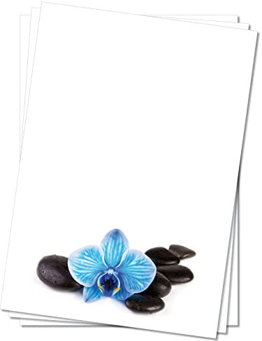Motivpapier Briefpapier (Wellness-5068, DIN A4 100 Blatt) Feng Shui blaue Orchidee auf schwarzen mit Wasser benetzten Steinen