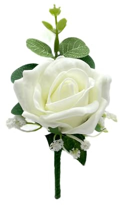 Artificial Wedding Flowers Hand-made by Petals Polly, Ivory Single Foam Rose Buttonhole with Eucalyptus & Gypsophila