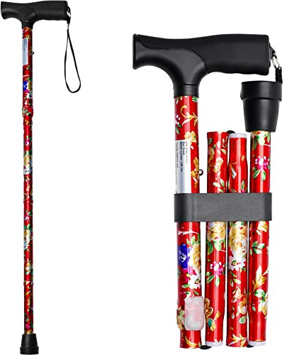 iCatchy Flexibler Gehstock, einfach höhenverstellbar, zusammenklappbar, ausziehbar, Mobilitätshilfe, zusammenklappbar, für Unisex, UKCA-zugelassen (rote Blume)