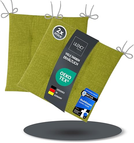 LILENO HOME 2er Set Stuhlkissen Apfelgrün (40x40x4,5 cm) - Sitzkissen für Gartenstuhl, Küche oder Esszimmerstuhl - Bequeme UV-beständige Indoor u. Outdoor Stuhlauflage als Stuhl Kissen
