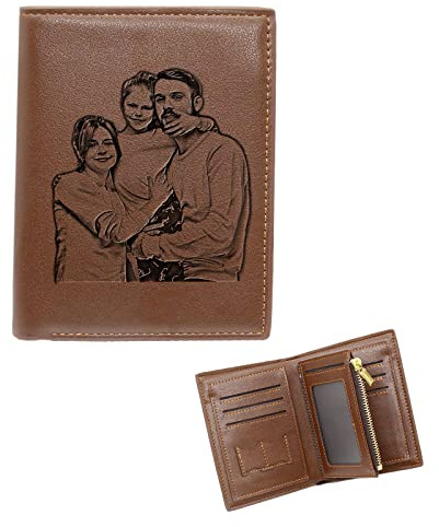 Personalisierte Gravierte Foto Geldbörse Herren, Leder Brieftasche mit Münzfach, Vatertagsgeschenk