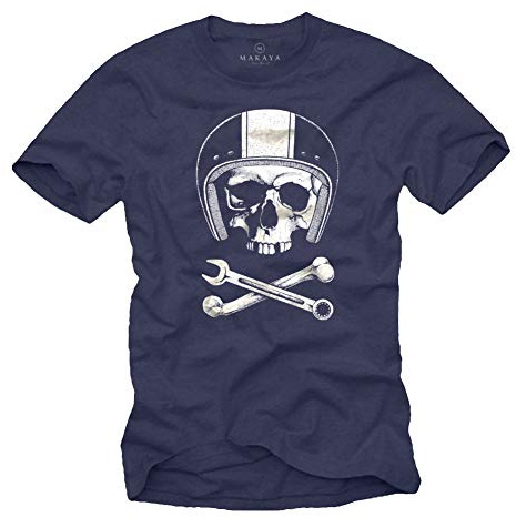 MAKAYA Maglietta per LA Meccanica - T-Shirt con Stampa Moto - Casco con Teschio Uomo Blu XL