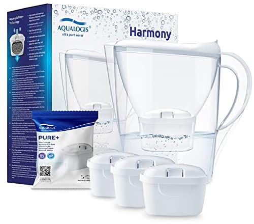 Aqualogis Harmony 2.6L Fridge Water Filter Jug for Reduction of Microplastics, Scale, Chlorine, Taste and Odor, BPA Free, (Replacement Filter Model: Pure+) (White + 3 Cartridges)