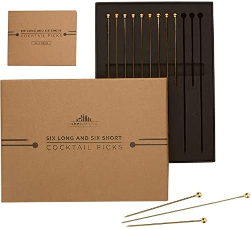 A Bar Above Gold Cocktail Picks – Combo Pack 12pc (4” & 8,6 pcs each) Perfect Bar Tools, Metal Stir Sticks for Bloody Mary Skewers, Drink Garnish, or Appetizer Charcuterie - Cocktail Pick Set