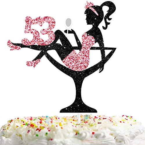 Sitting Girl Cake Topper Picks for Girl Lady 53rd Birthday Makeup Spa Theme Party Decoration Supplies 53 Silhouette High Heeled Girl Cake Decor Rose Gold Glitter