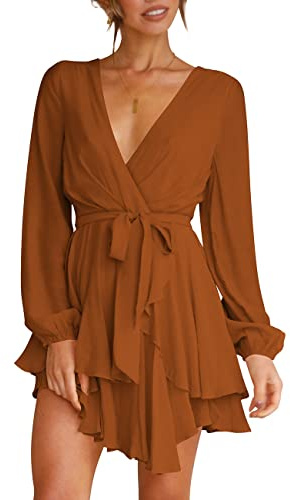 Cosonsen Womens Fall Dresses Long Sleeve Deep V-Neck Tie Waist Faux Wrap Dress Brown S