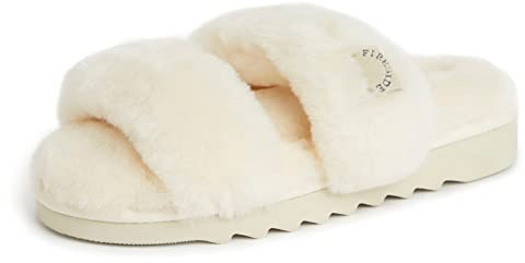 Dearfoams Women's Fireside Benalla All Over Shearling Double Band Easy on/Off Slide Slipper, Natural, 9
