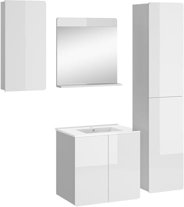 Vicco Badmöbel-Set Izan, Weiß, 61.8 cm | besteht aus Waschbeckenunterschrank, Waschbecken, Hängeschrank, Hochschrank und Midischrank
