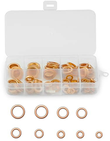 Gvolatee 200 pezzi Rondelle Piatte, Rondelle piatte in rame anello di tenuta, Guarnizioni in ottone con scatola di smistamento, per i dispositivi di fissaggio a vite (M5/M6/M8/M10/M12/M14)