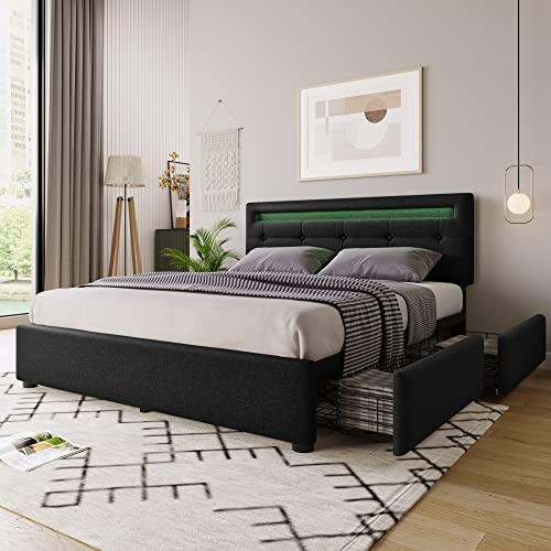 Merax Polsterbett 140x200cm mit LED-Beleuchtung und 4 Schubladen, Doppelbett Bettgestell mit Lattenrost und Höhenverstellbarem Kopfteil, Leinenmaterial, Jugendbett, Schwarz, ohne Matratze