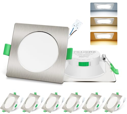 ALUSSO LED Einbaustrahler 230V 7W 3CCT Dimmbar 68mm, Quadrat Nickel 6er Set | 3000K/4000K/6500K Verstellbar Einbauspots, Ultra Flach IP44 Einbauleuchten Für Zimmer, Badezimmer, Küche, Büro, Dachvorsprung