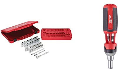 Milwaukee 932464944 1/4in Ratcheting Socket Set Metric & Imperial, 50 Piece & Universal Ratchet Screwdriver 10 in 1 Color E 0 W 0 V Multicoloured One Size, 4932471598