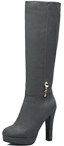 Bviennic Donna Eleganti Plateau Tacco Alto Warm Vestito Stivali Alti Serata Punta Rotonda Moda Tacco A Blocco Stivali Equitazione Grigio Numero 35 Eu