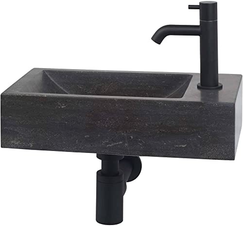 Saqu Nature Waschtisch Set mit schwarzer Armatur Rechts, Naturstein - Waschbecken für Unterschrank, Waschtisch für Gäste WC