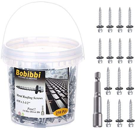 Metal Roofing Screws 10 x 1-1/2 inch, Hex Head Sheet Metal Roof Screw with EPDM Washer for Corrugated Roofing (250Pcs)