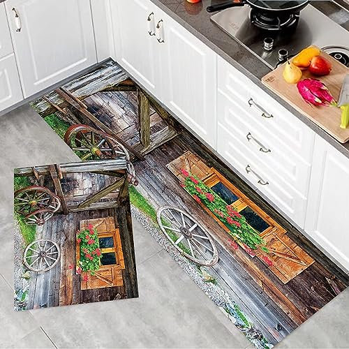 2 Stück Küchenmatte Waschbar rutschfest Küchenmatte,Fensterläden, verwitterte alte Fenster mit Blumen in Pot Wheels Bauernhaus ,Teppiche Mit Staubdicht Für Küche Wohnzimmer, Esszimmer (45x70+45x120cm)