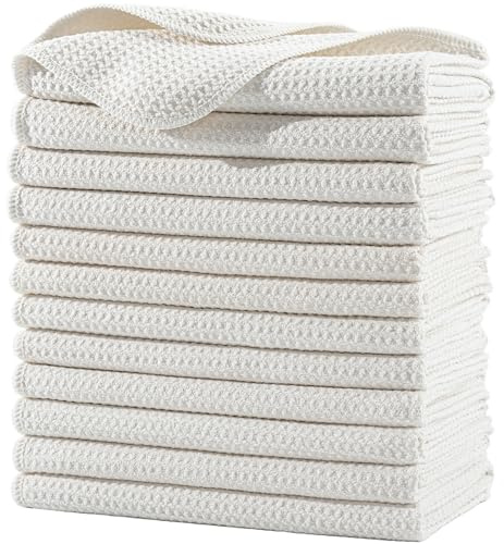 POLYTE Premium Microfiber Kitchen Dish Hand Towel Waffle Weave 12 Pack (16x28 in, Off White)