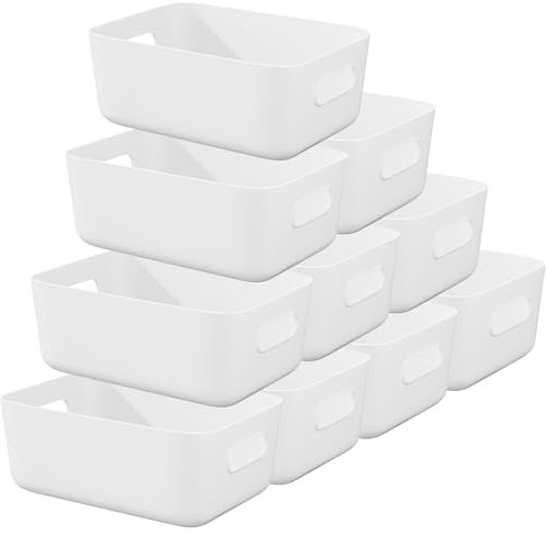 W&H 10 PCS White Plastic Storage Boxes with Handle, Medium Plastic Storage Baskets, Cupboard Organiser Boxes for Bathroom, Kitchen, Office, School and Toy -25×17×10cm