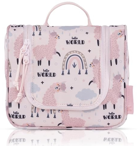 TA Trend Atelier Kinder Kulturtasche zum Aufhängen – nachhaltiger Waschbeutel & Kulturbeutel aus recyceltem Polyester, wasserabweisend, mit Spiegel & Fächern (Lama-Rosa)