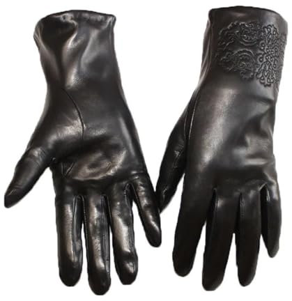 Schaffell Handschuhe Damen Leder Stickerei Muster Dünnes Wollfutter Herbst Auto Fahren Split Finger Handschuhe, Schwarz , 7