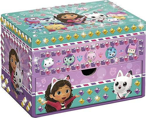TM ESSENTIALS Gabby's Joyero para niños en rosa, oro, lila y verde con cajón, diseño de casa de muñecas Netflix Gabby's, almacenamiento de joyas para niñas, Groß, tela Kunsttoff Tela, Sin piedras
