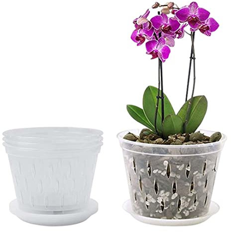 Transparente Kunststoff-Orchideentöpfe, transparente Kunststoff-Pflanztöpfe, transparente Pflanztöpfe, Orchideen-Pflanztöpfe, 4 Stück, 17 cm, Kunststoff-Orchideen-Pflanzgefäß mit Drainagelöchern