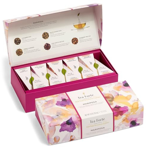 Tea Forte Mariposa Tea Sampler with 10 Pyramid Tea Infuser Bags - Fruit, Herb and Flower Tea - Petite Presentation Box Assorted Variety Tea Gift Set