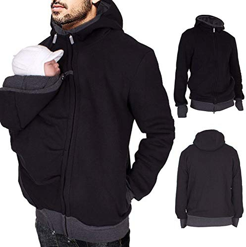 Beokeuioe Porte-bébé Manteau kangourou Sweat à capuche pour hommes Pull d'hiver chaud Sweat-shirt de loisirs Convient pour veste de portage Papa 2 en 1 Sweat à capuche kangourou d'hiver, A3 noir., L