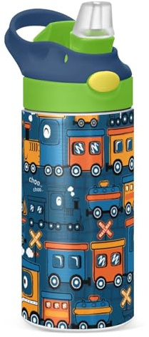Bouteille d'eau isotherme en acier inoxydable pour enfants avec paille - Motif train de chemin de fer - 350 ml - Anti-fuite sous vide - Pour garçons et filles