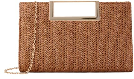 Ynport Crefreak Bolso de Mano de Paja Para Mujer Bolso de Hombro de Cena de Paja de Verano con Cadena de Metal Bolso de Mano Cuadrado Bolso de Mano Tejido Para Fiesta de Bodas,Marrón