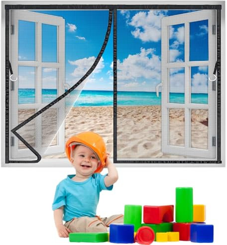 Moustiquaire Fenêtre Porte 110x60 cm, Moustiquaire Baie Vitree Coulissante, Maille Fine, Bande Adhésive Fermeture Automatique, Sans Perçage Noir Version-Améliorée