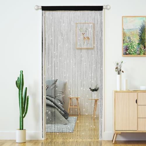 CooCeeMake Door Curtain Fly Screen String Curtains Insect Bug Screen String Doorways Divider Glitter beads Tassel Panel (1, Black, 39×79 in)