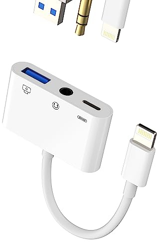 Lightning to 3.5mm Headphone Jack Adapter(3 in 1)USB OTG 3.0 Keyboard Mouse Camera Flash Drive for Apple iPhone 14 pro max Aux Audio Charger Cable Splitter Connector for iPad Earphone Charging Adaptor