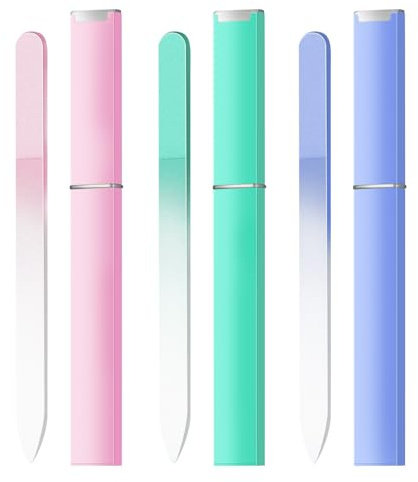 Glass Nail Files Double Side Polish Crystal Fingernail File with Case Manicure Salon Nail Care for Women Girls Pink Green Blue, 240 Grit, 3 Pack