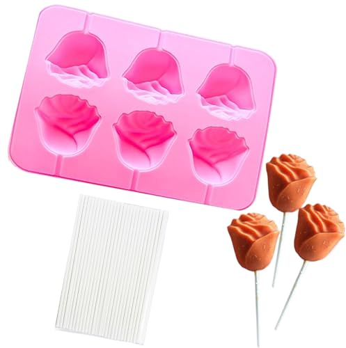 ZHUIGUANGZE Moule à sucettes en silicone 3D en forme de rose pour la Saint-Valentin avec 100 bâtonnets pour la fête des mères, un mariage, la fabrication de cupcakes au chocolat