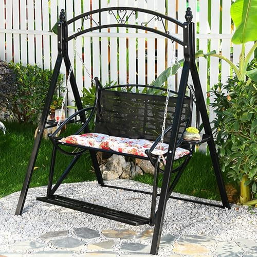 2 Sitzer Hollywoodschaukel aus Metall mit A-Rahmen, Schaukelbank Outdoor, Gartenschaukel mit 2 Ablagen und Fußstütze und Kissen, Tragkraft 300 Kg(Black)