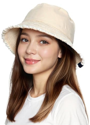 SEFIRST Fischerhüte Bucket Hat, Sonnenhut Baumwolle Frayed Brim Bucket Hut Fischerhut Anglerhut für Damen Herren, UV-Schutz Faltbar Sommermütze Freizeithut Herbst Wandern Camping Reisen (Beige)