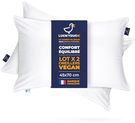 LUCKY DUCK Lot 2 Oreillers 45x70 - Confort Medium - Garnissage Microfibre - Percale 100% Coton - Soutien Souple et Doux - Format Standard - Lavables en Machine