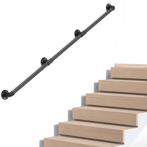 Industrial Pipe Stair Handrail, Wall-Mounted Metal Hand Rail for Indoor & Outdoor Steps, Black Galvanized Iron, Vintage Farmhouse Style, Heavy Duty Support for Stairs & Porch (Black, 8.01FT)