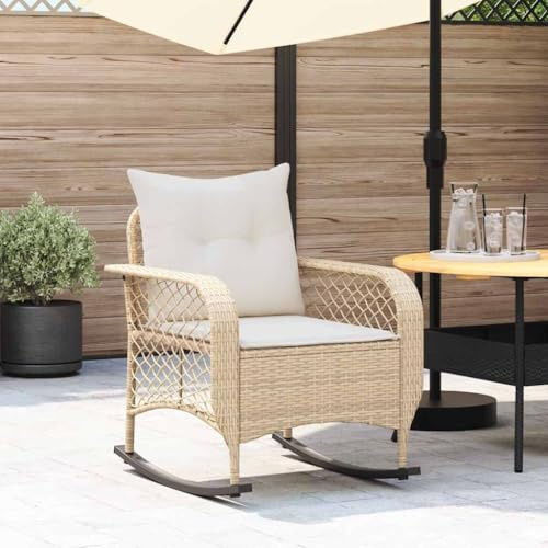 Mecedora de Jardín, Silla Balancín con Cojín de Ratán Sintético, Resistente a la Intemperie y UV, Estructura de Acero Estable, para Exteriores en Jardín o Terraza, Color Beige, 67 x 75 x 75 cm