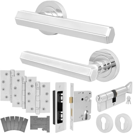 EAI Chrome Fire Door Handle Euro Lock and Thumbturn Cylinder Set, Polished Chrome Internal Fire Rated Door Handle Locks Hinges, Madre Range