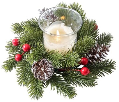 Weihnachtskerzen Ringe, 20CM Künstlicher Roten Beeren Kränze Weihnachtskerzenringe Verschneiten Tannennadeln Kerzenhalter für Weihnachten Tisch Deko (Grün)
